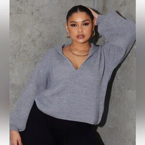PLT • Grey V Neck Collar Detail Balloon Sleeve Sweatshirt
